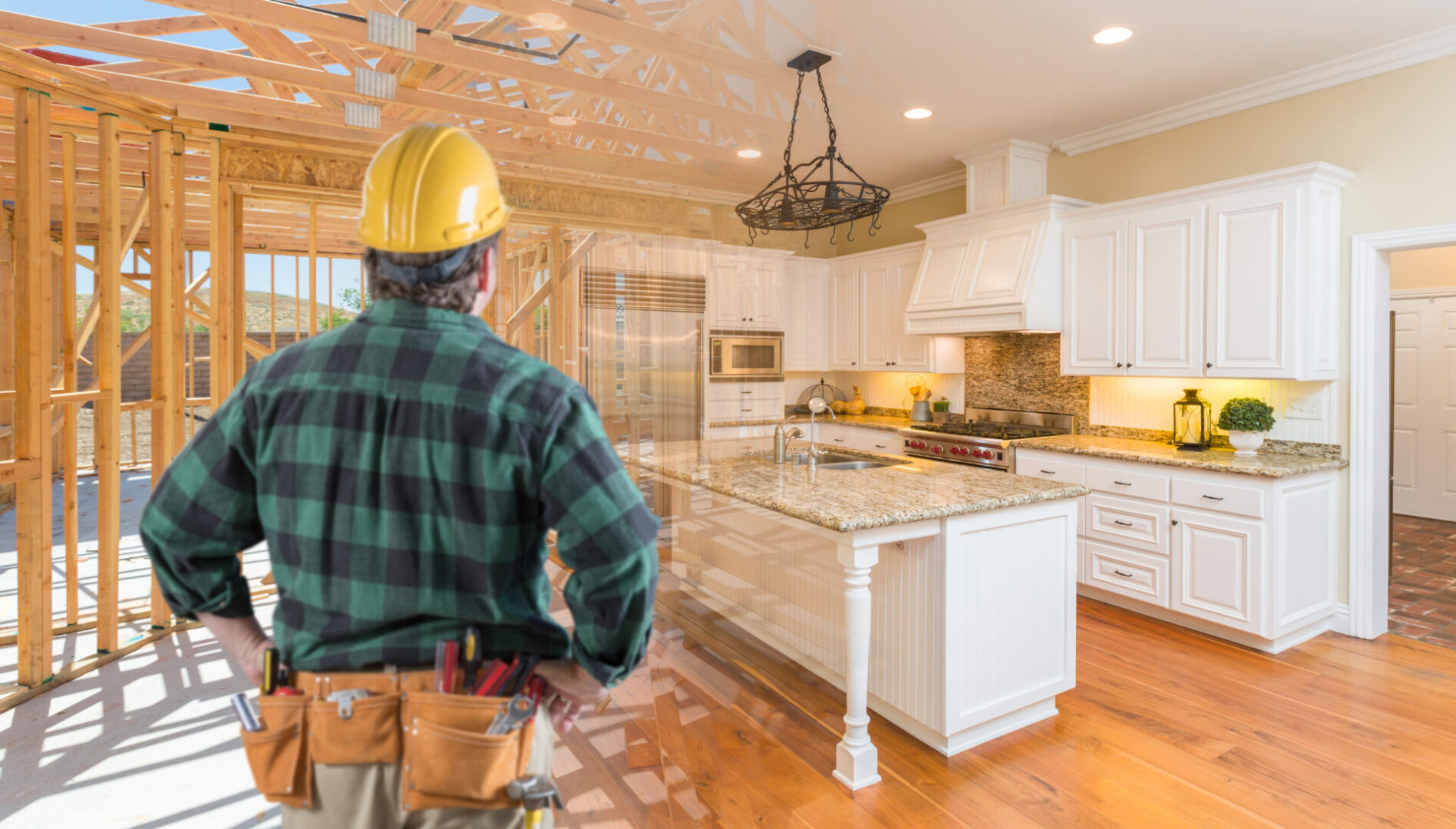 Contractor Standing In Front Custom Kitchen Construction Framing Gradating Into Finished Build.